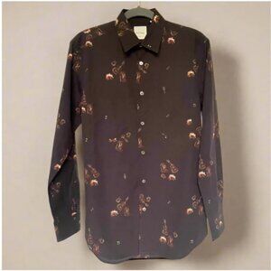 Paul Smith Guitar Print Dress Shirt Men’s Small Brown Cotton Button-Down Tailore